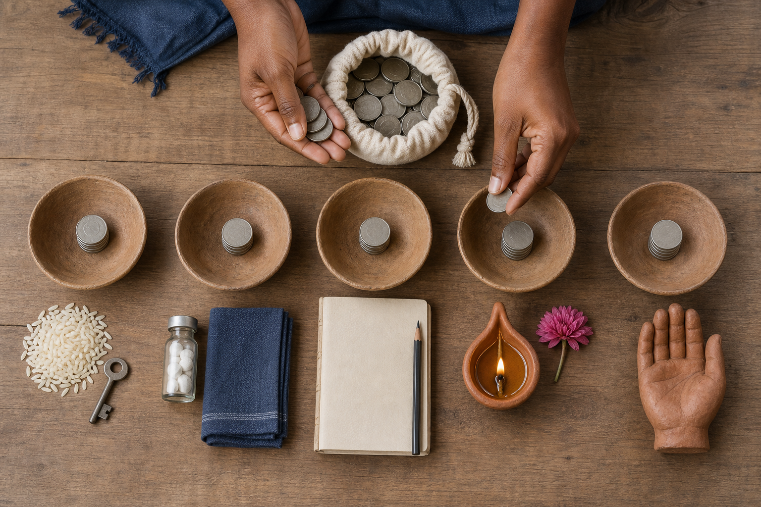 Hands sort coins from a cloth pouch into five unmarked bowls beside objects for home, health, learning, worship, and giving.