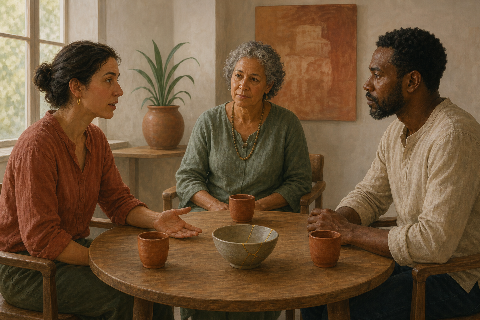 Two adults speak across a round table while a facilitator listens, with cups and a repaired ceramic bowl between them.