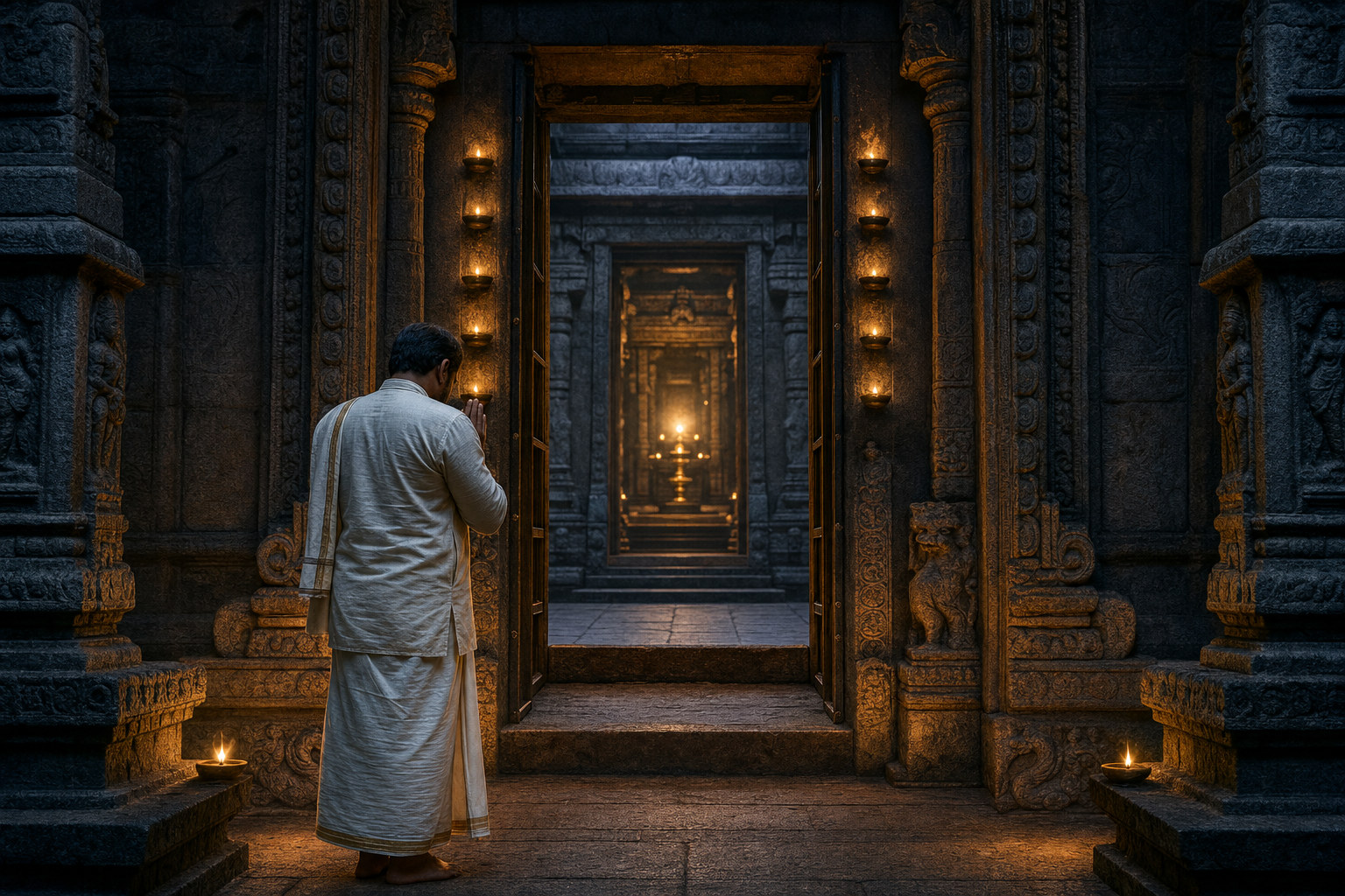 A devotee pauses in prayer before a carved temple doorway opening into soft golden light.