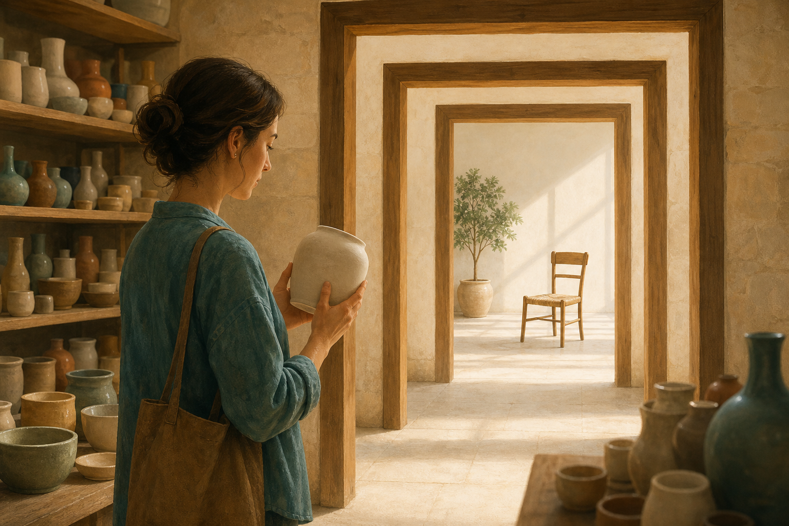 A shopper pauses with a plain ceramic object before a series of wooden thresholds leading toward an uncluttered home.