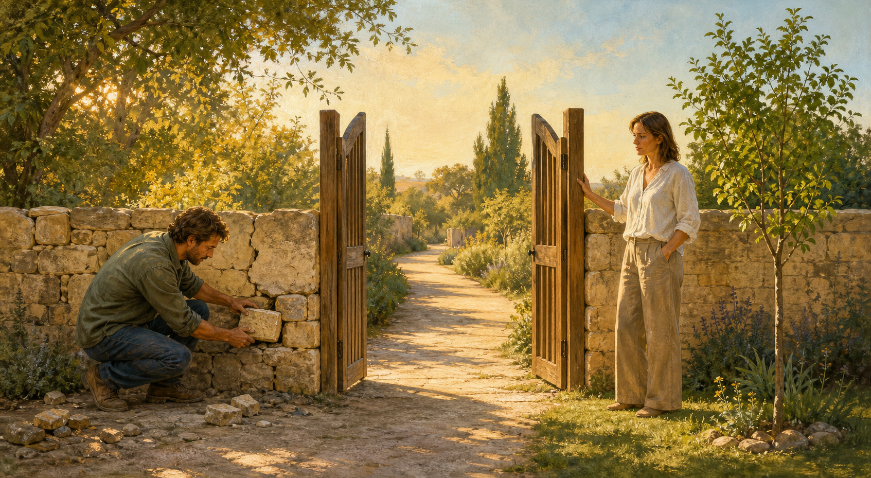 One person repairs a low stone wall while another remains at a distance beside an open gate and a young tree.