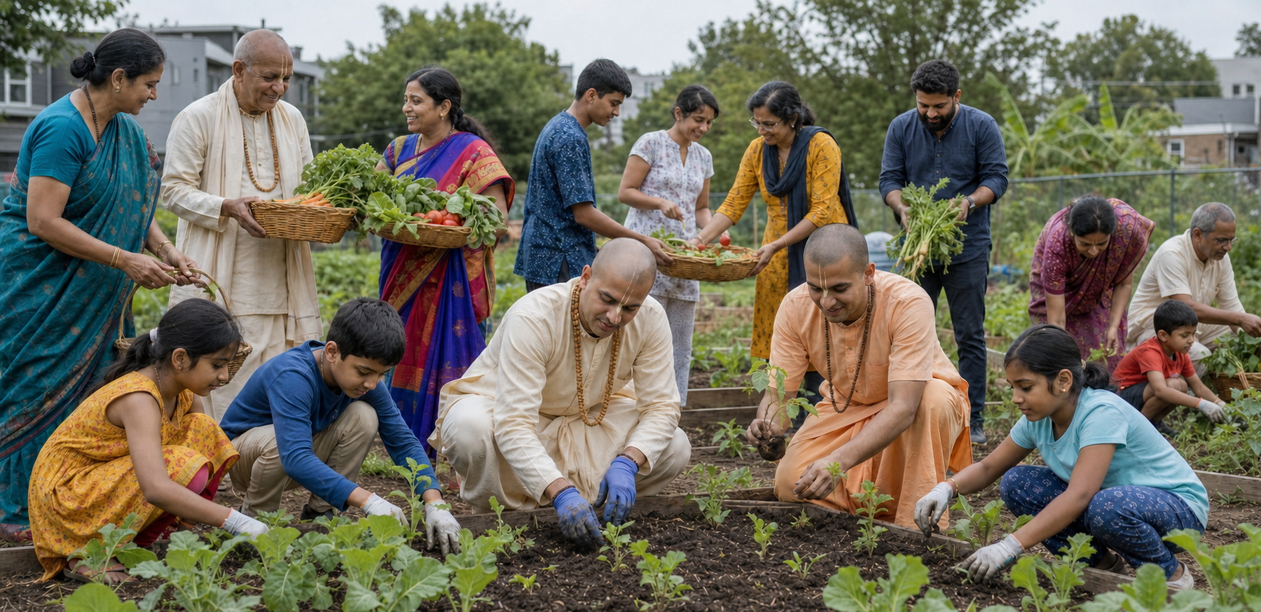 Vaishnava devotees and other Hindu community members of several generations plant a garden and share harvested produce together.