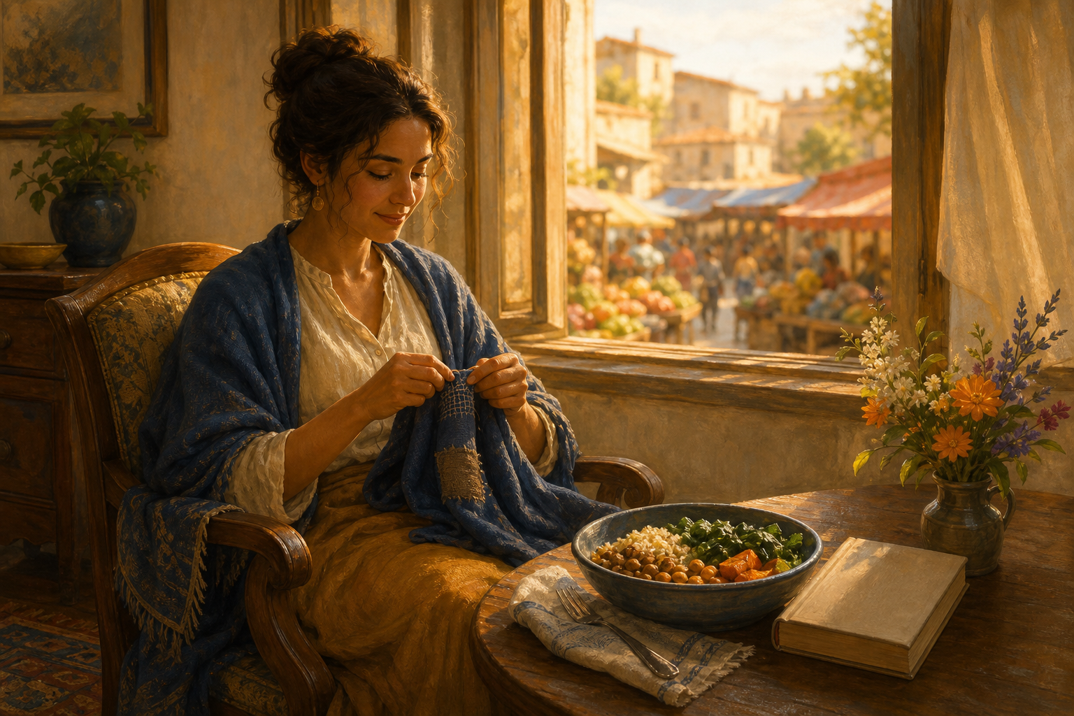 A person mends a garment in a comfortable simple room while a meal, a blank-covered book, and flowers sit nearby and a marketplace is visible outside.