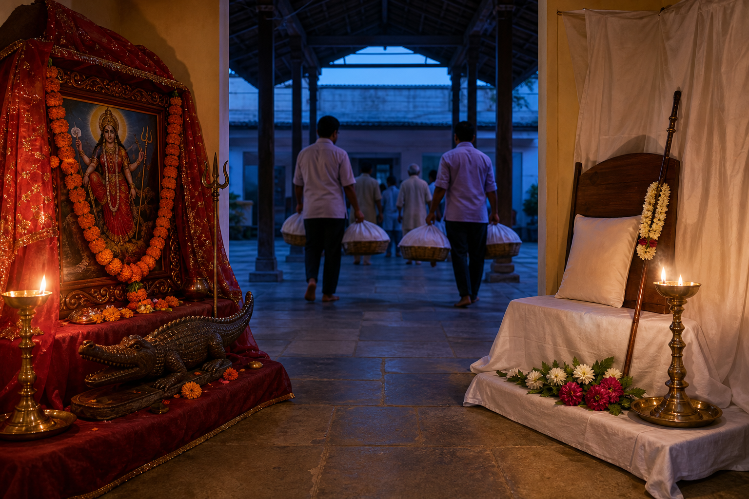 Two separate devotional alcoves with oil lamps, flowers, red and white cloths, a trident, a carved crocodile motif, an empty wooden seat and volunteers carrying food baskets.