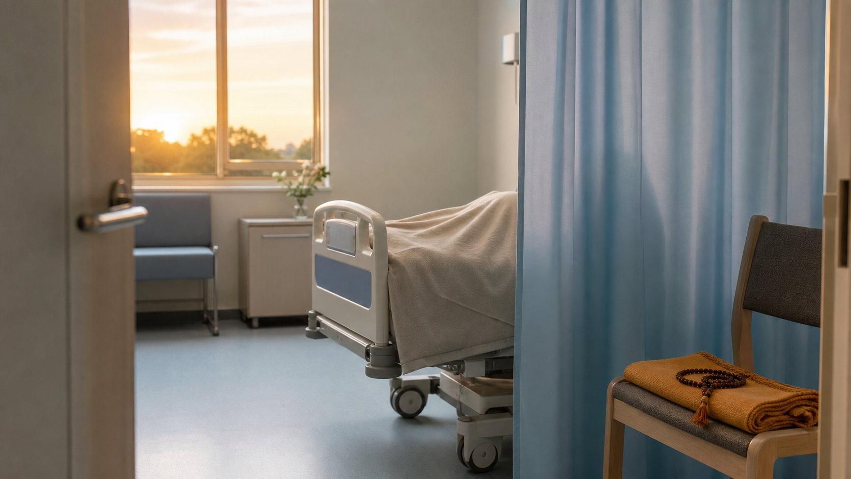 A quiet hospital room at dawn with a privacy curtain, a folded saffron shawl, and wooden prayer beads on a chair.