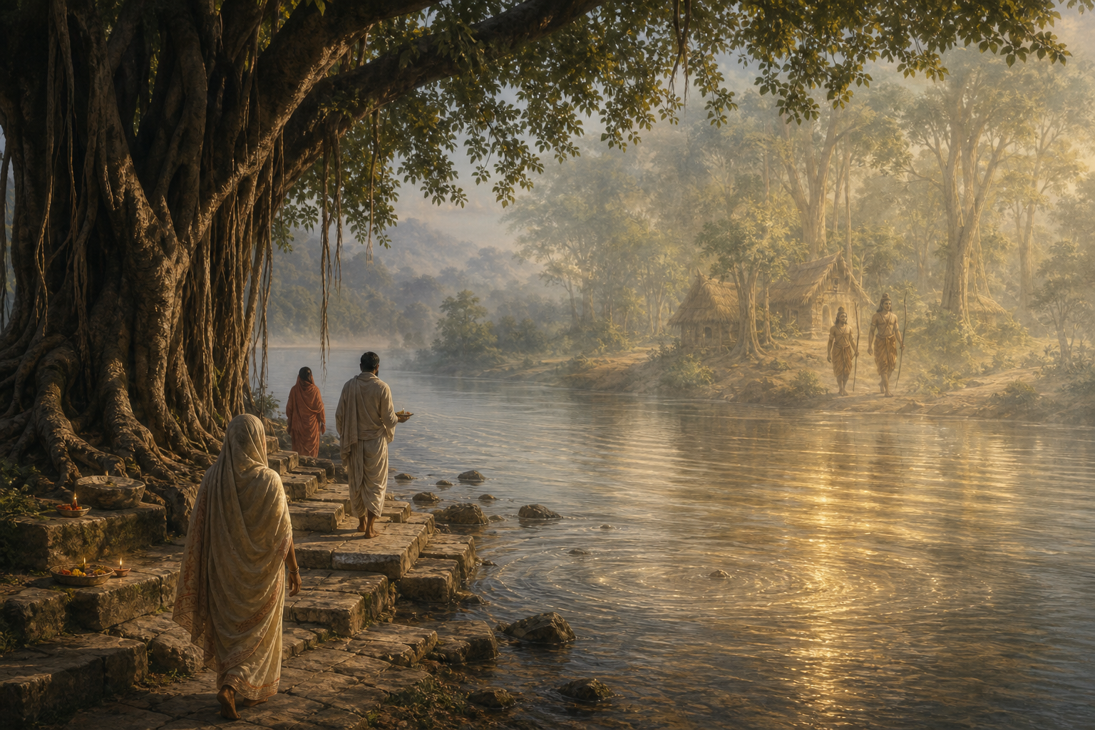 Pilgrims stand on old riverside steps while a misty vision of an ancient forest hermitage appears across the water.