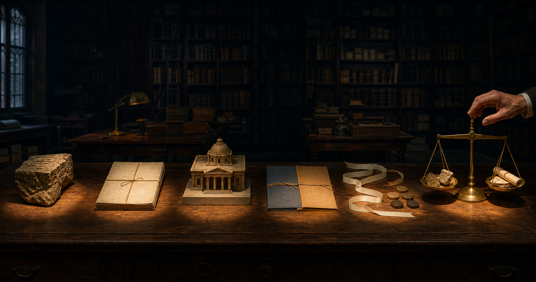 Six illuminated groups of archival objects lead across a research table toward a brass balance containing several pieces of evidence.