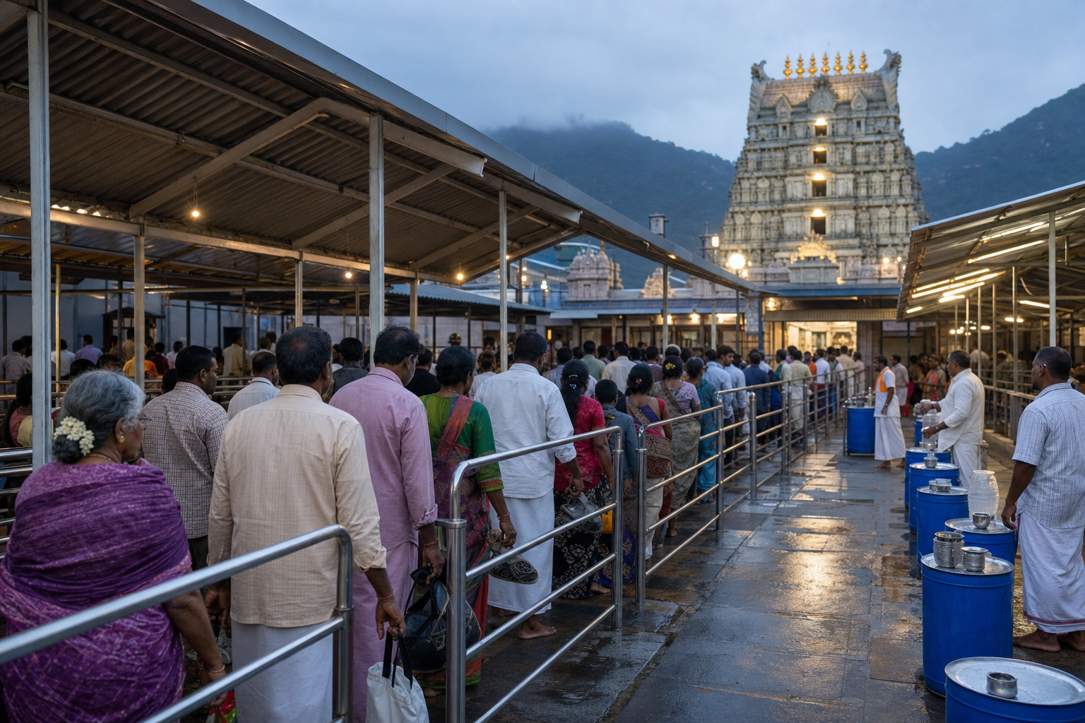 Pilgrims wait in an organized Tirumala temple queue while volunteers offer water during the observance.