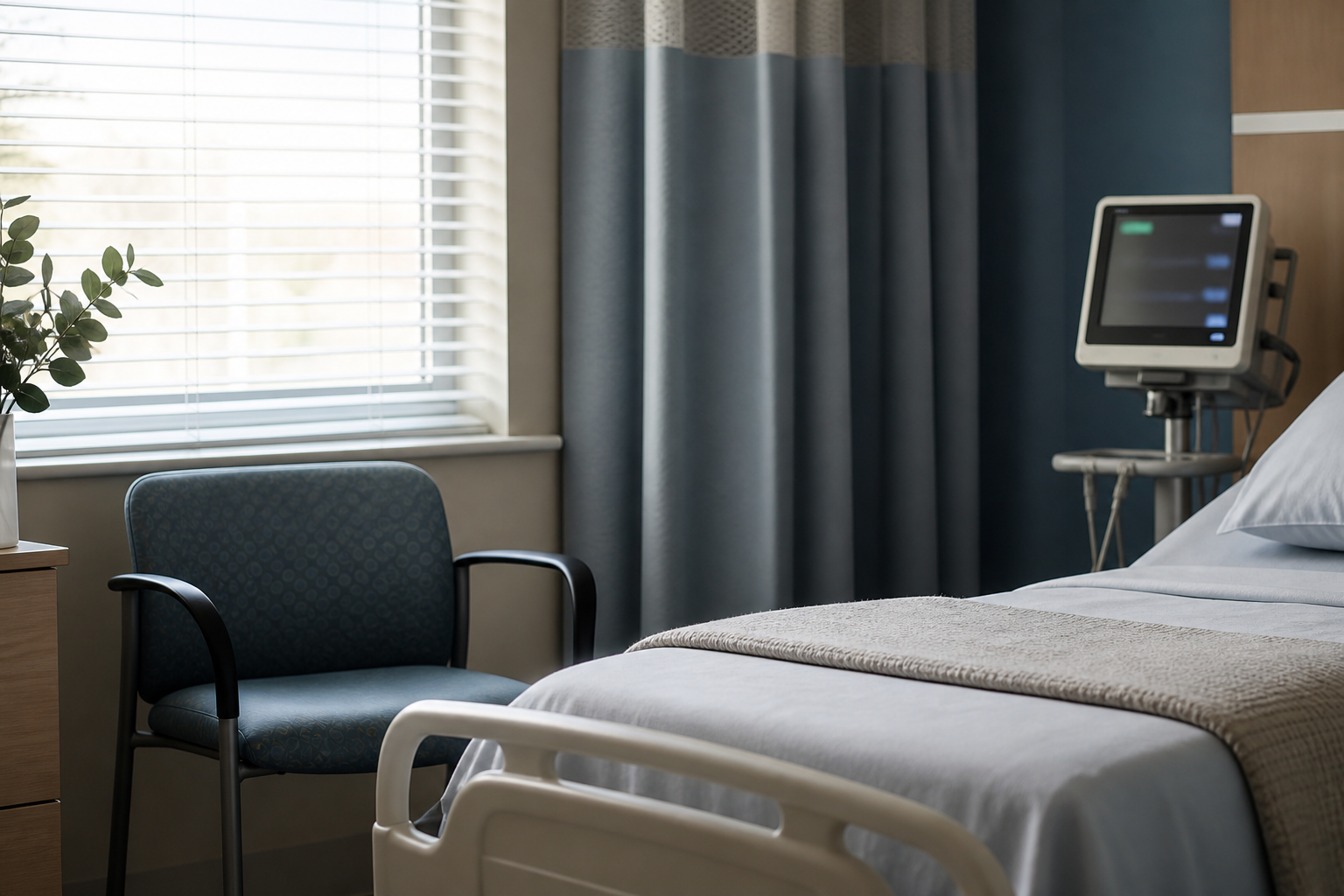 An empty visitor chair stands beside a neatly made bed in a quiet, unbranded hospital room.