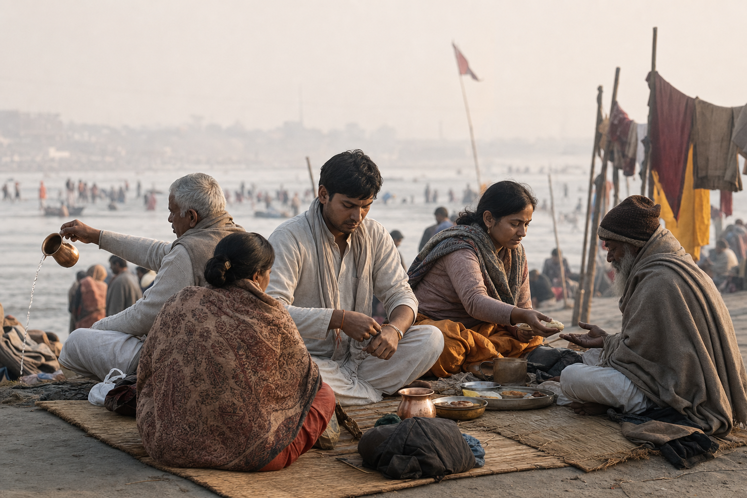 A family of pilgrims sits on mats beside the Sangam after bathing, making a water offering, sharing food, and renewing a personal vow.