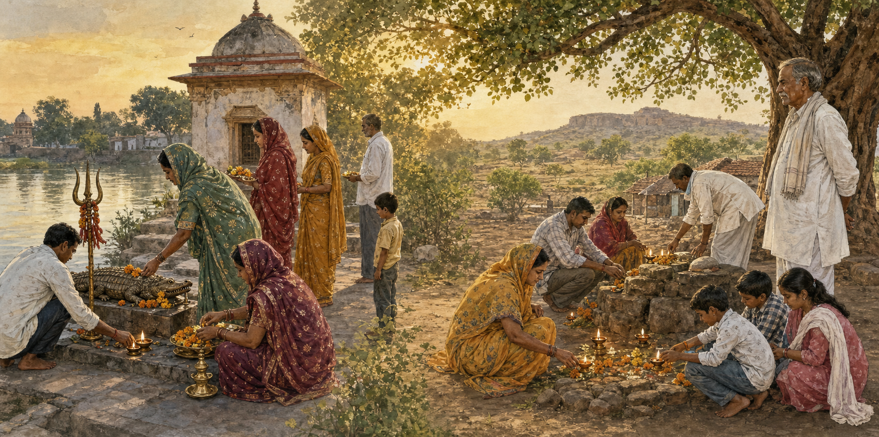 Devotees make flower and lamp offerings in two separate regional shrine settings, one beside water in Gujarat and one beneath a tree in rural Bihar.
