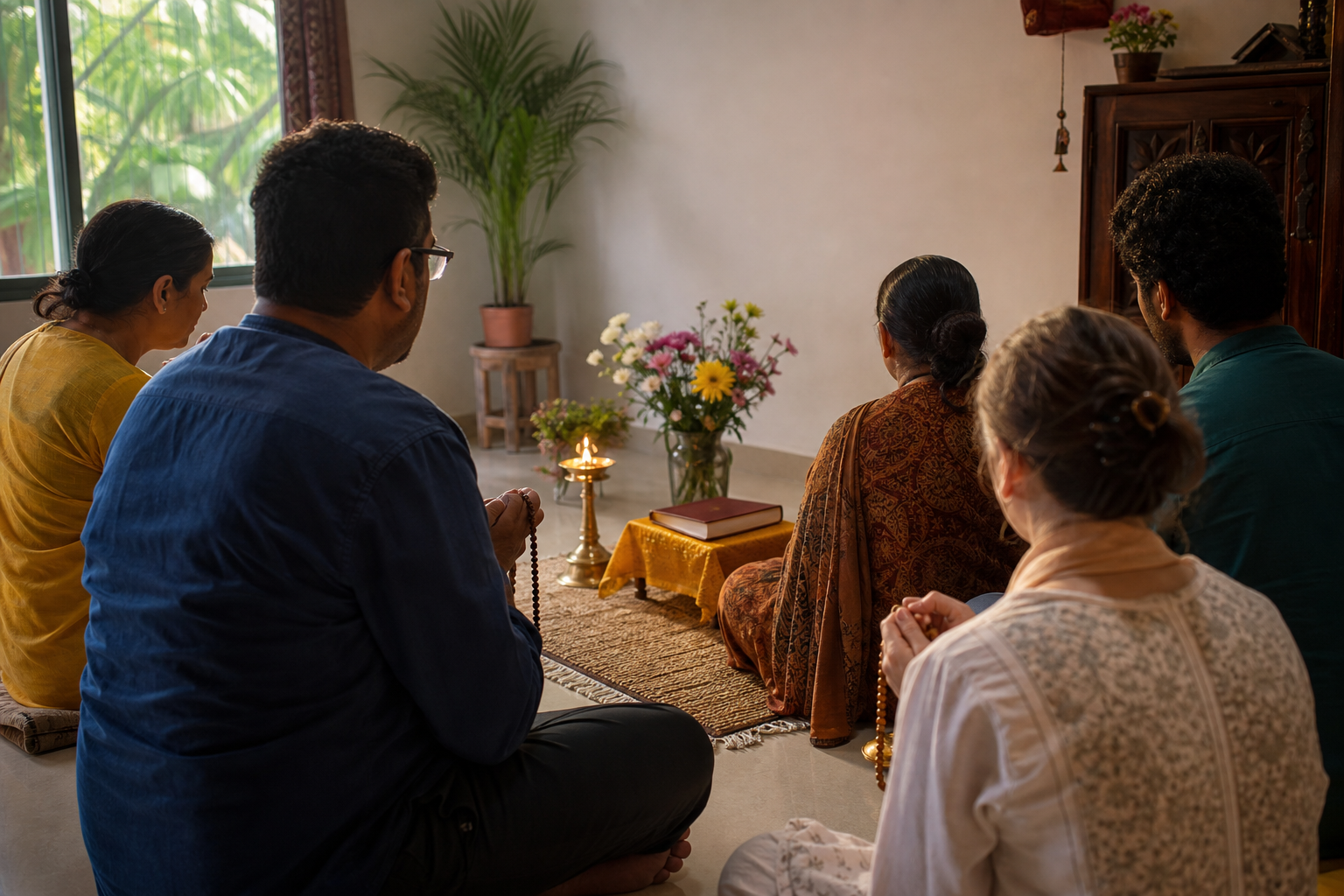A small group of devotees sits quietly in prayer with wooden beads, flowers, and a brass oil lamp.
