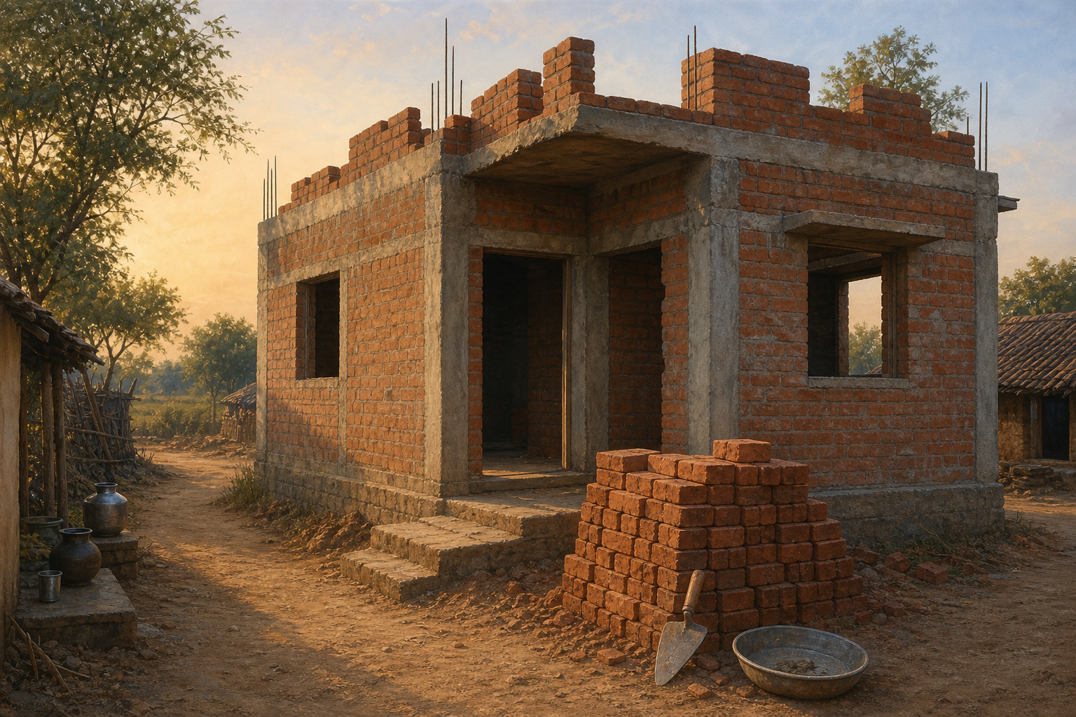 An unfinished rural brick house stands beside stacked building materials, a trowel, and a mortar pan in late-afternoon light.