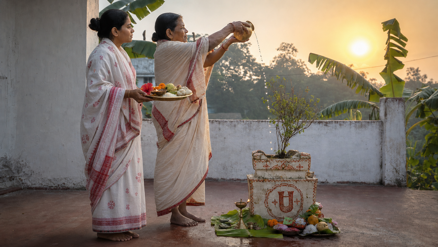 Two women in an Odia household courtyard offer water toward the rising sun beside a brass puja tray and homemade pitha.