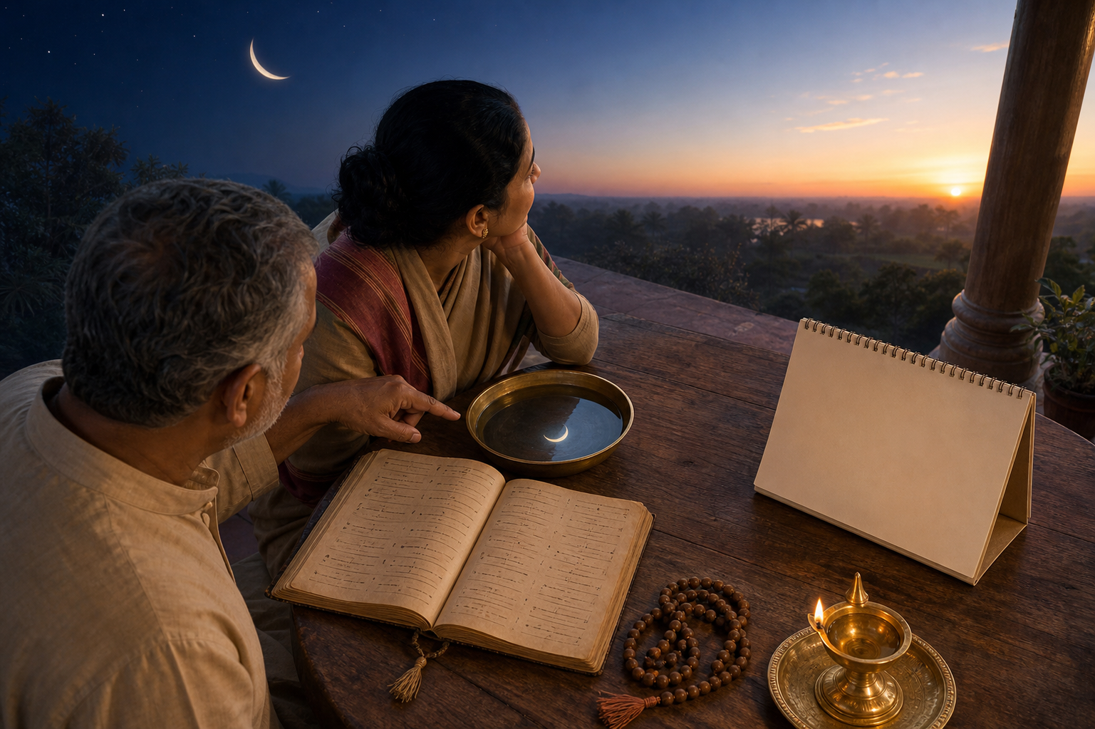 Two people compare a blank modern calendar and a traditional almanac beside a lamp while a thin moon gives way to sunrise.