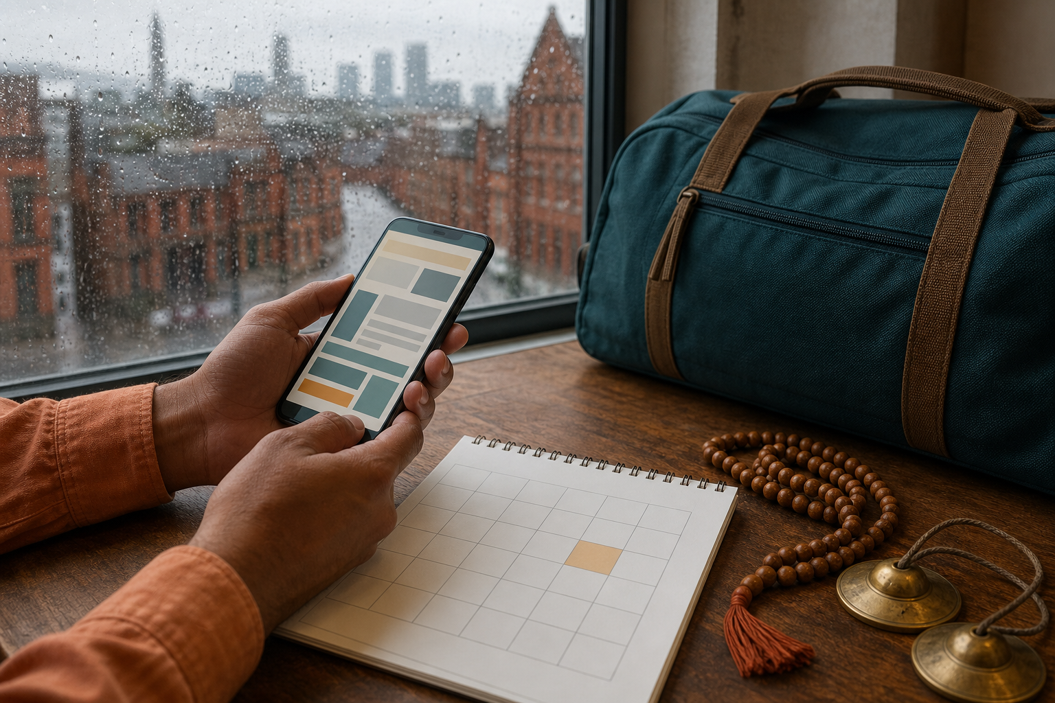 A traveler checks an unreadable event page on a phone beside a closed bag, prayer beads, hand cymbals and a blank calendar, with rainy Manchester streets beyond the window.