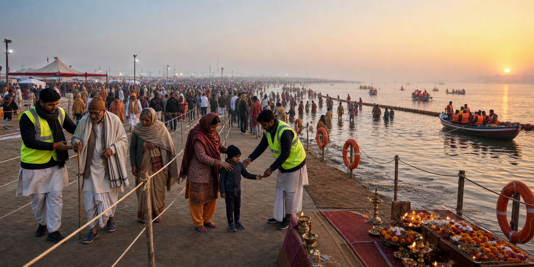 Pilgrims follow roped walking lanes to a shallow Sangam bathing area as volunteers assist families and safety crews wait nearby with life jackets and rescue rings.