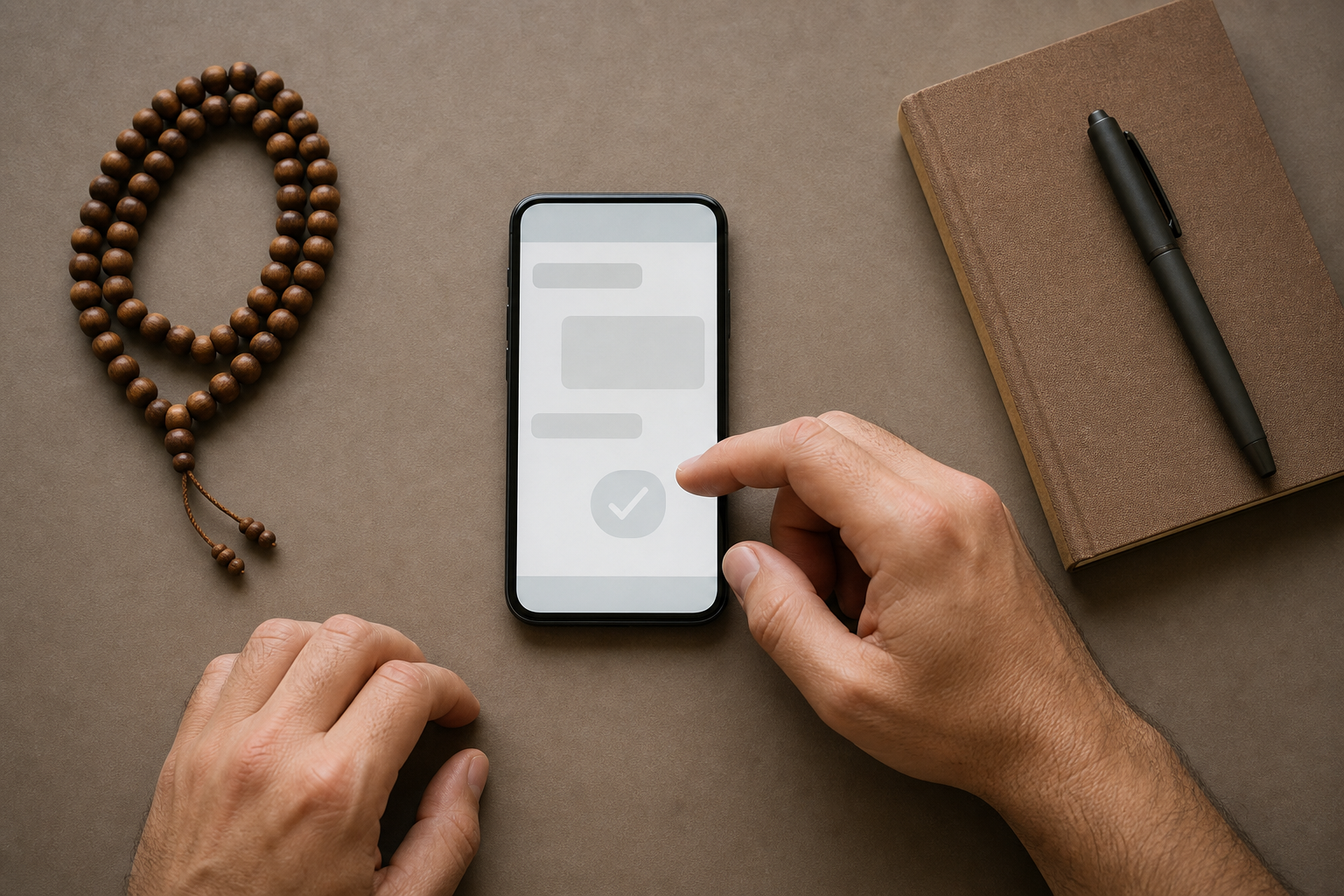 A hand pauses over a smartphone with blank message shapes beside prayer beads, a notebook, and a pen.