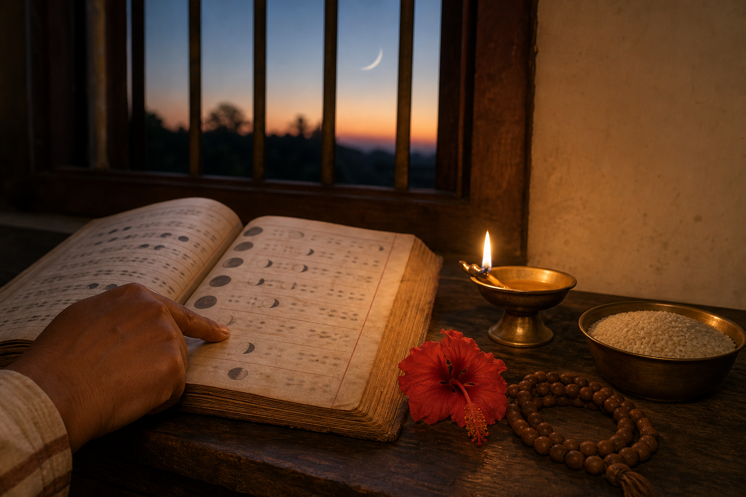 A hand consults an old almanac beside a brass lamp and flower as a pale moon remains visible in the dawn sky.