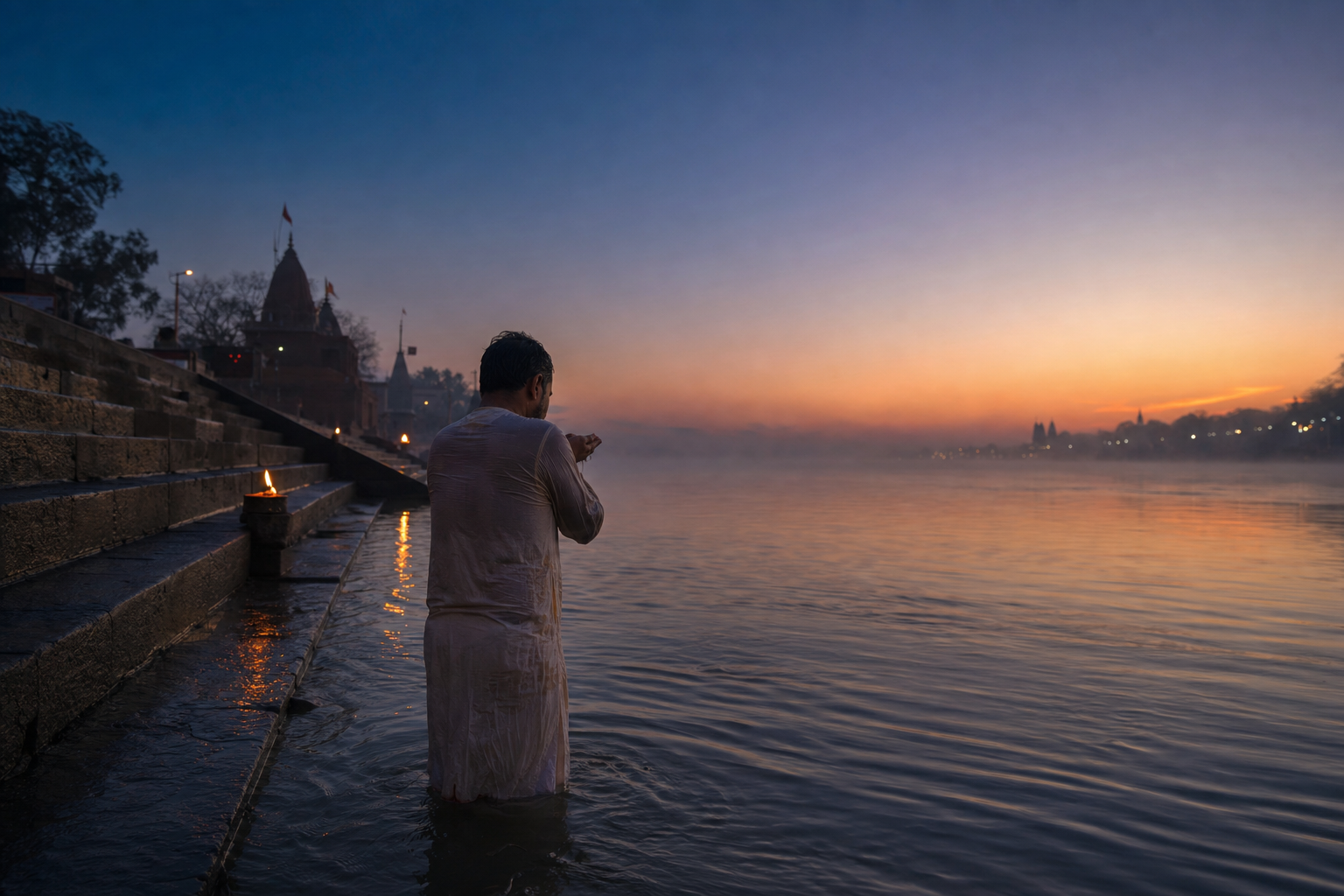 A devotee stands in a misty river with hands cupped in prayer before sunrise as lamps glow faintly along distant ghats.