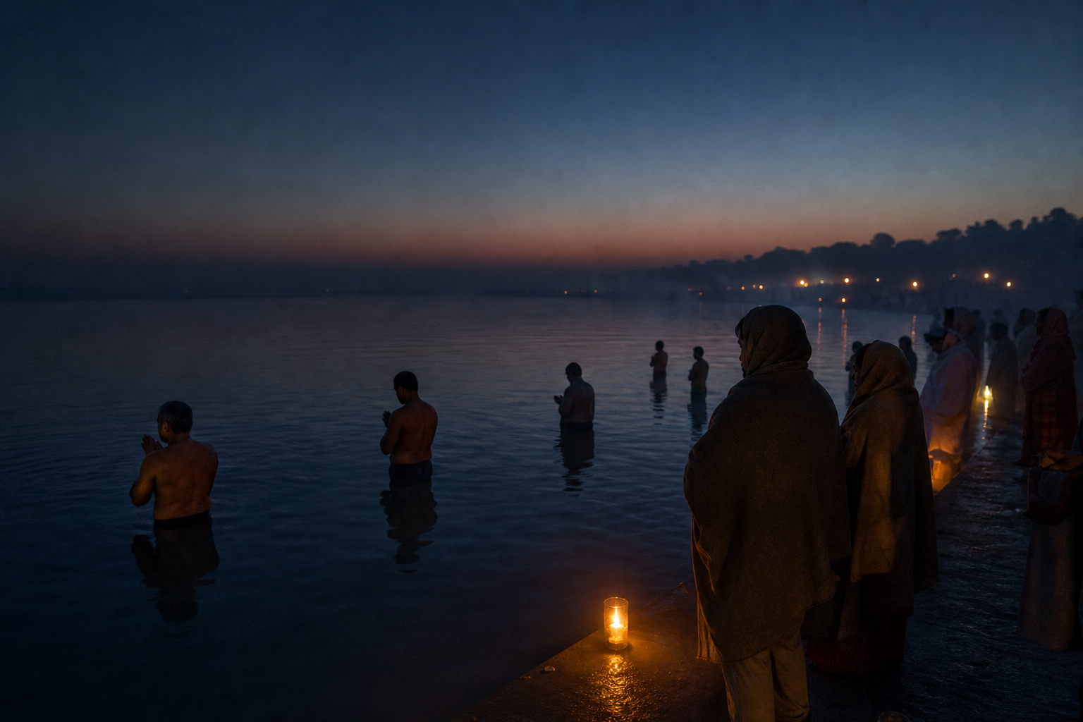 Pilgrims observe a silent predawn bath in the dark waters of the Sangam while others wait on the misty bank beneath a moonless sky.