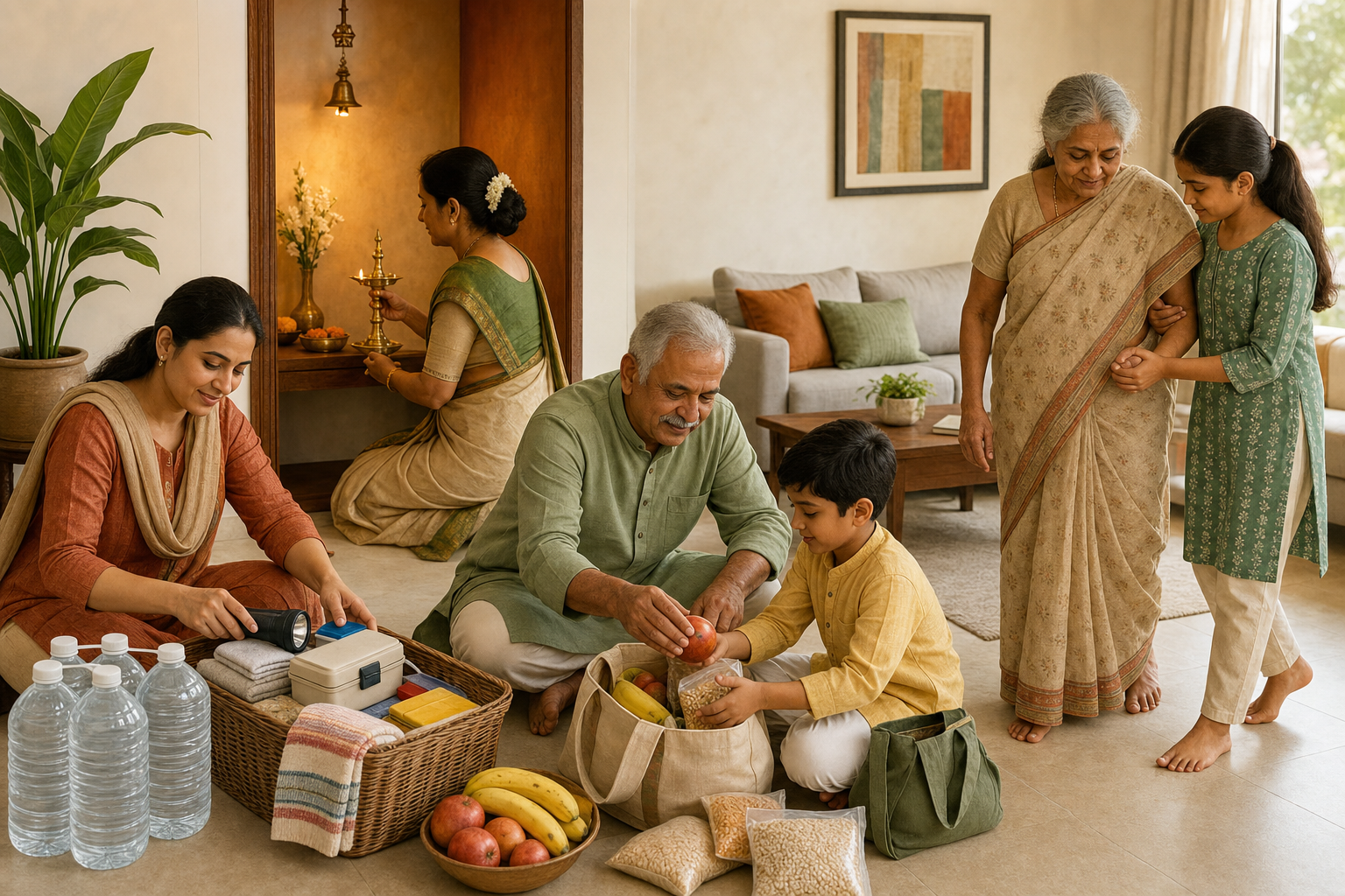 A multigenerational family lights a prayer lamp, prepares emergency supplies and food donations, and helps an older relative at home.