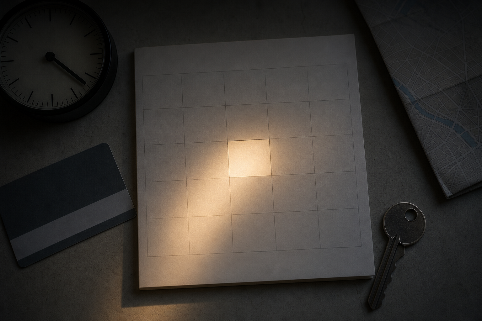 A blank calendar with one illuminated square sits beside a clock, transit card, key and folded map that remain partly in shadow.
