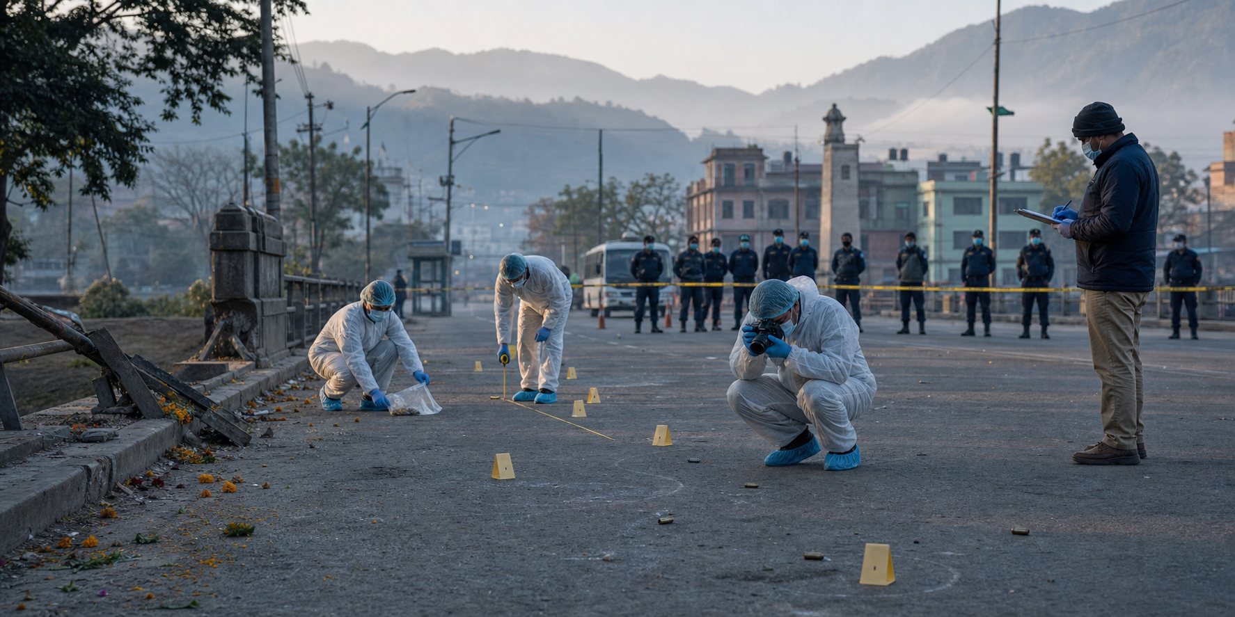 Forensic investigators document cartridge cases, a damaged barrier, and scattered flowers on a cordoned Nepal road while police remain in the background.