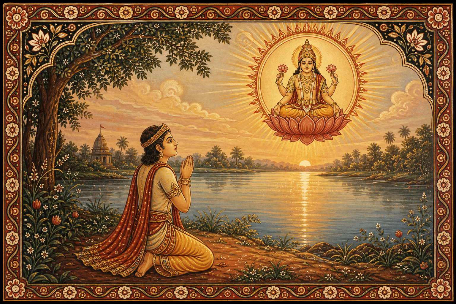 A symbolic illustration shows Prince Samba praying on a riverbank before a radiant lotus-seated form of Surya at dawn.