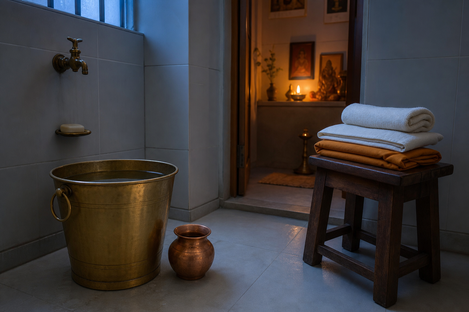 A clean home bathroom prepared before dawn with a brass water bucket, copper vessel, folded towel, fresh clothes, and a warm lamp nearby.