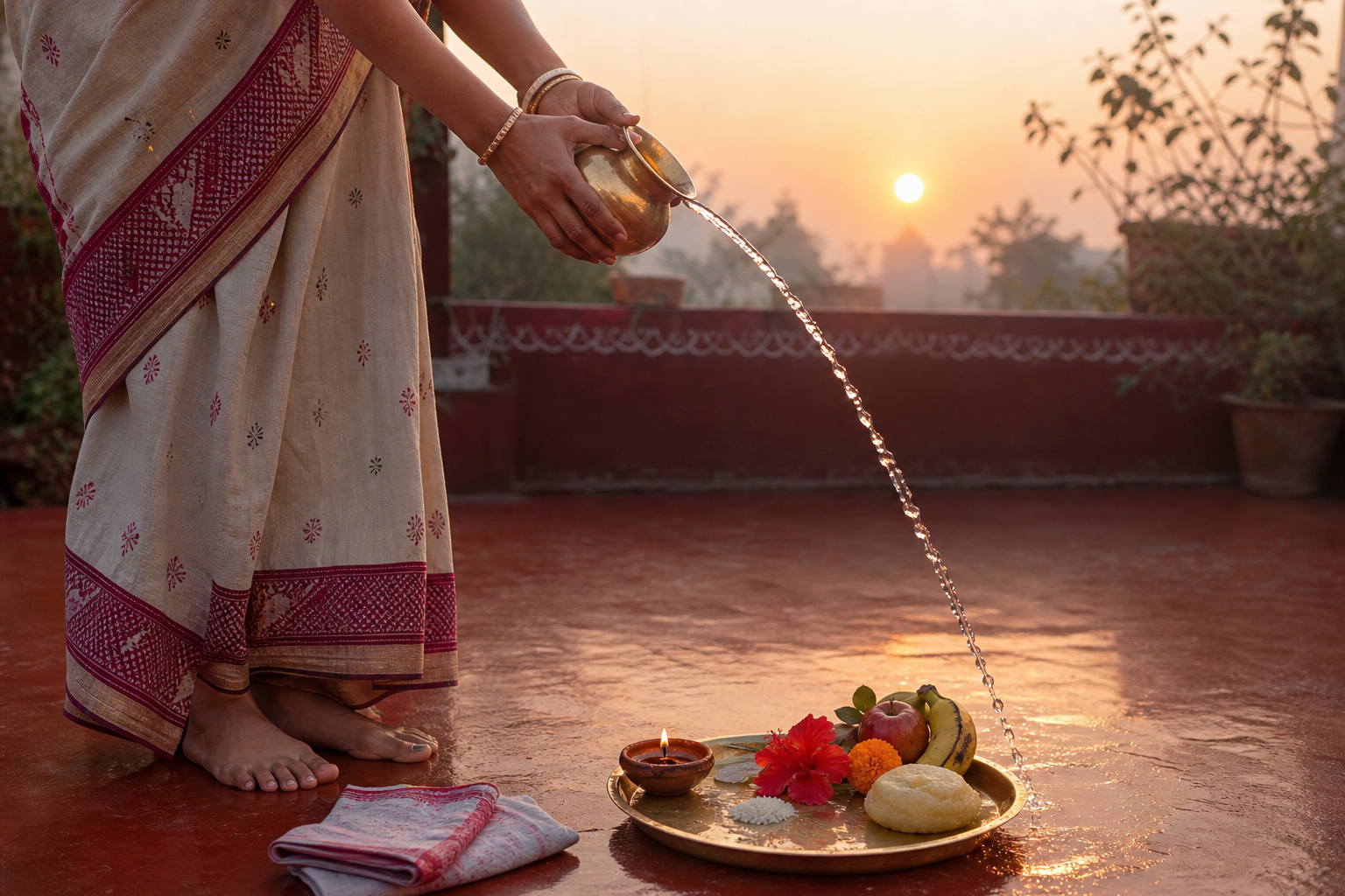 A devotee pours a stream of water from a brass lota toward the sunrise beside a simple Surya puja tray.