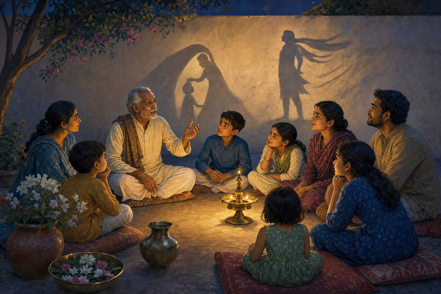 An elder tells a story to children and adults gathered around a lamp, with shadows symbolizing protection and steadfast courage on the wall.