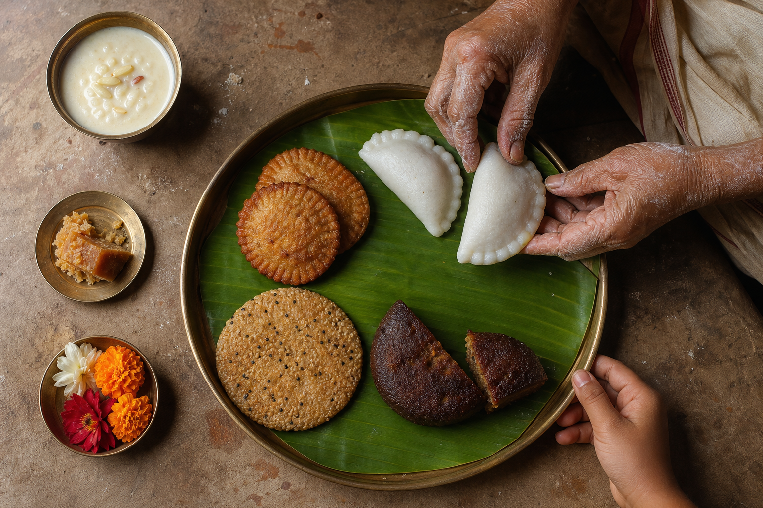 An older and a younger family member arrange several kinds of homemade Odia pitha, fruit, kheer, and flowers on banana leaves and metal plates.