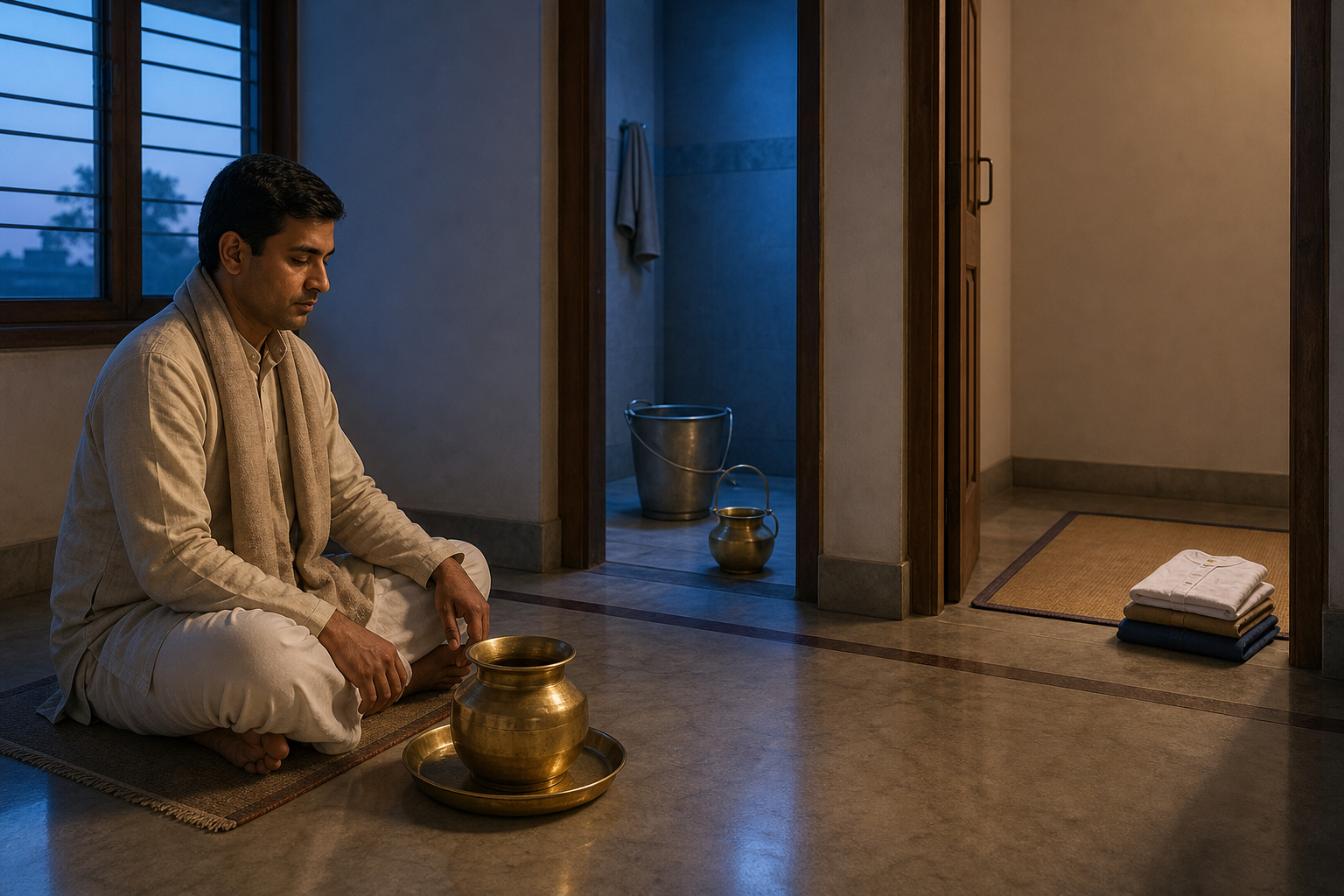 A devotee sits quietly beside prepared bathing water, with a simple bathing area, fresh clothes, and a meditation mat arranged nearby.