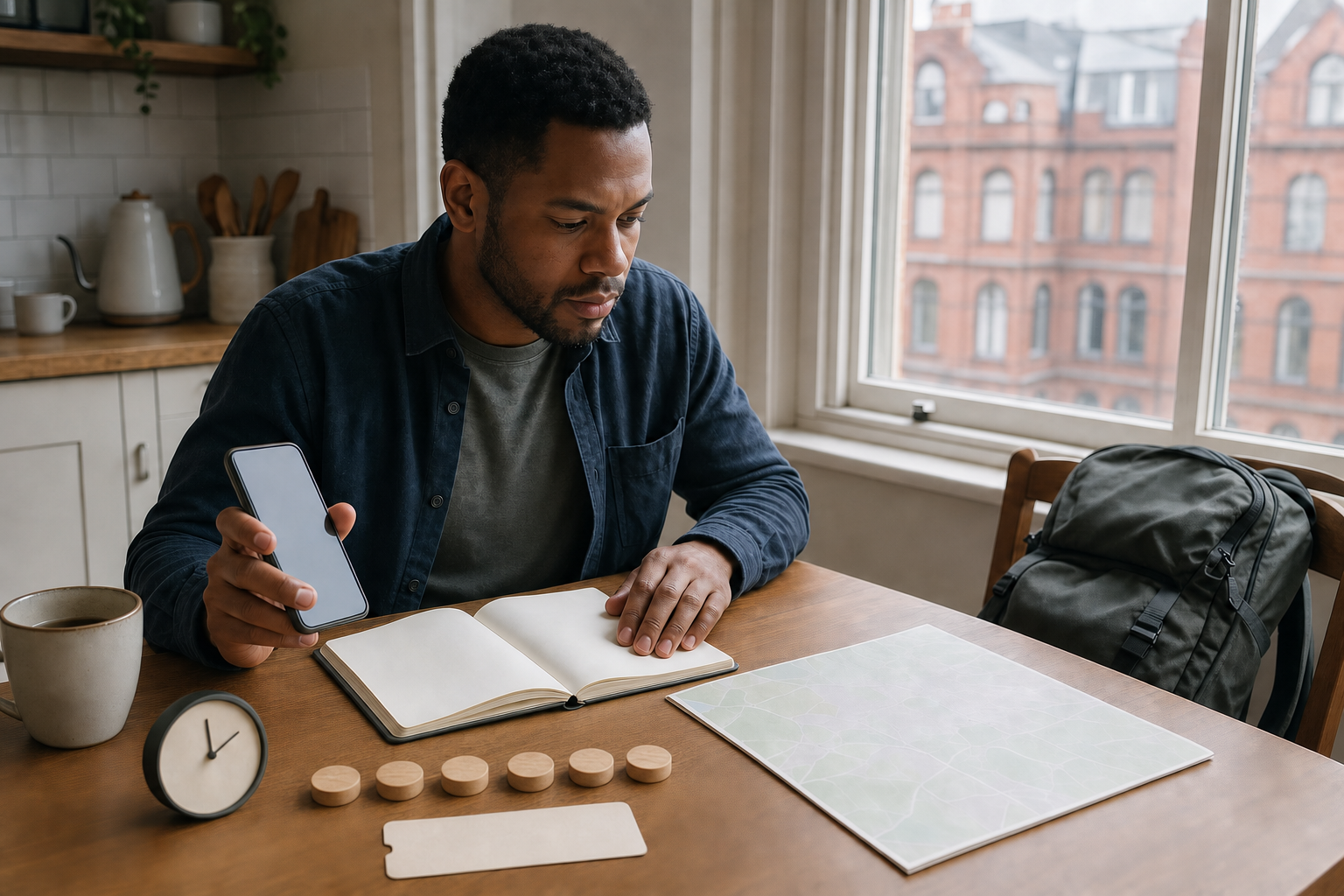 A person verifies travel details using a phone, blank notebook, clock and unlabelled map, with six wooden tokens arranged beside a closed bag.