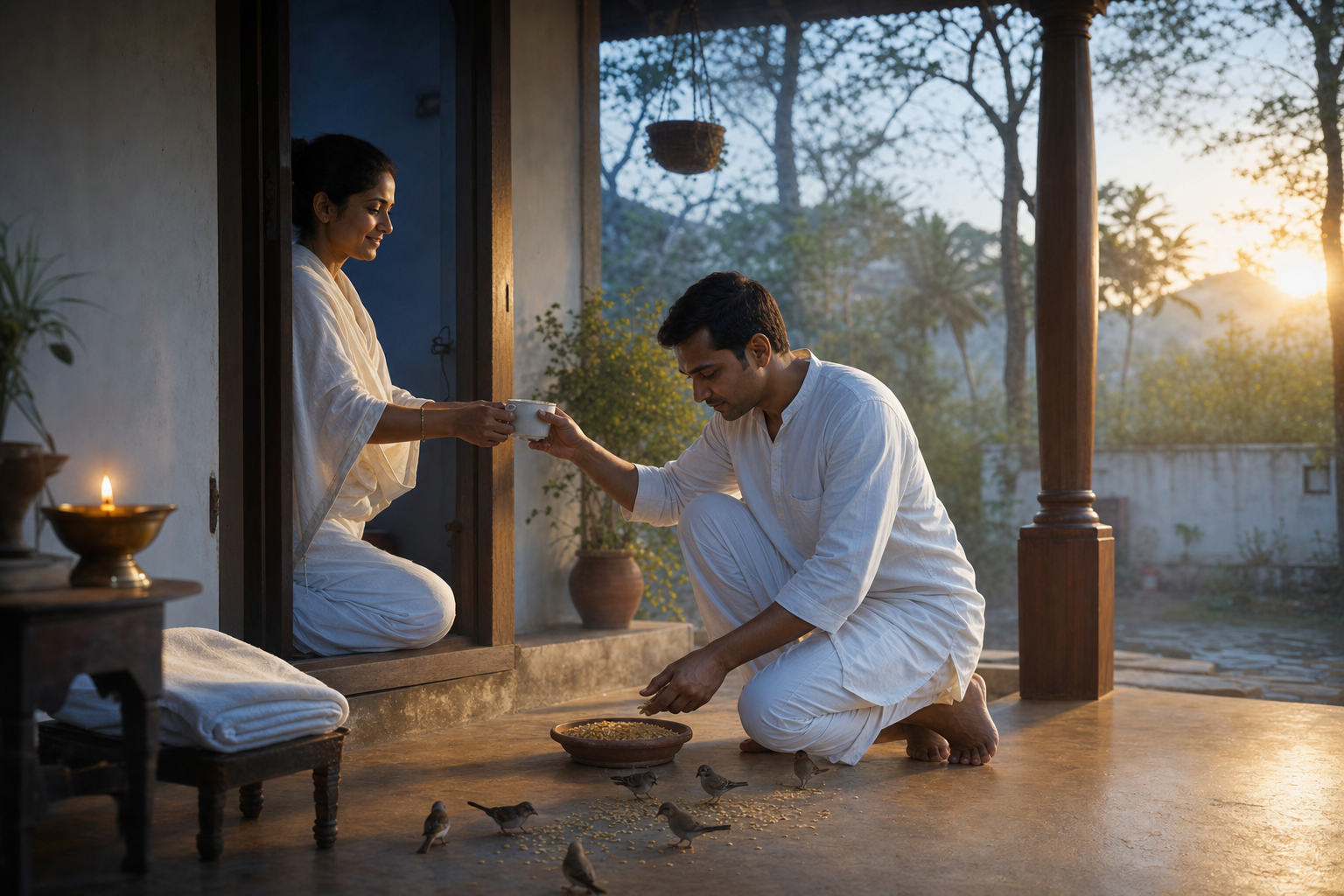 A freshly bathed devotee in clean clothing sets out grain for birds and offers warm water to another person in the first morning light.