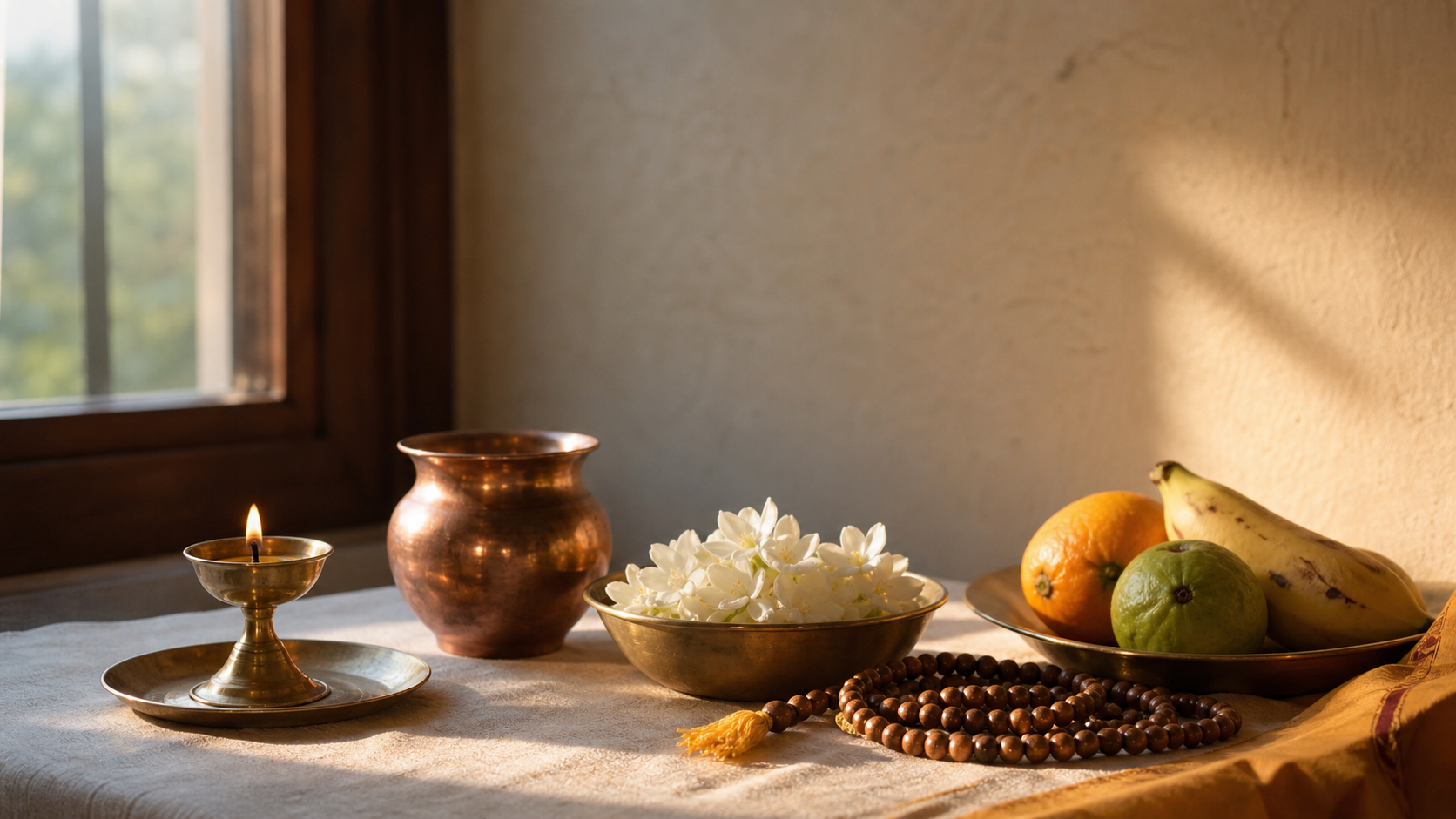 A brass oil lamp, copper vessel, prayer beads, white flowers, and fruit arranged on a simple home altar in changing afternoon light.