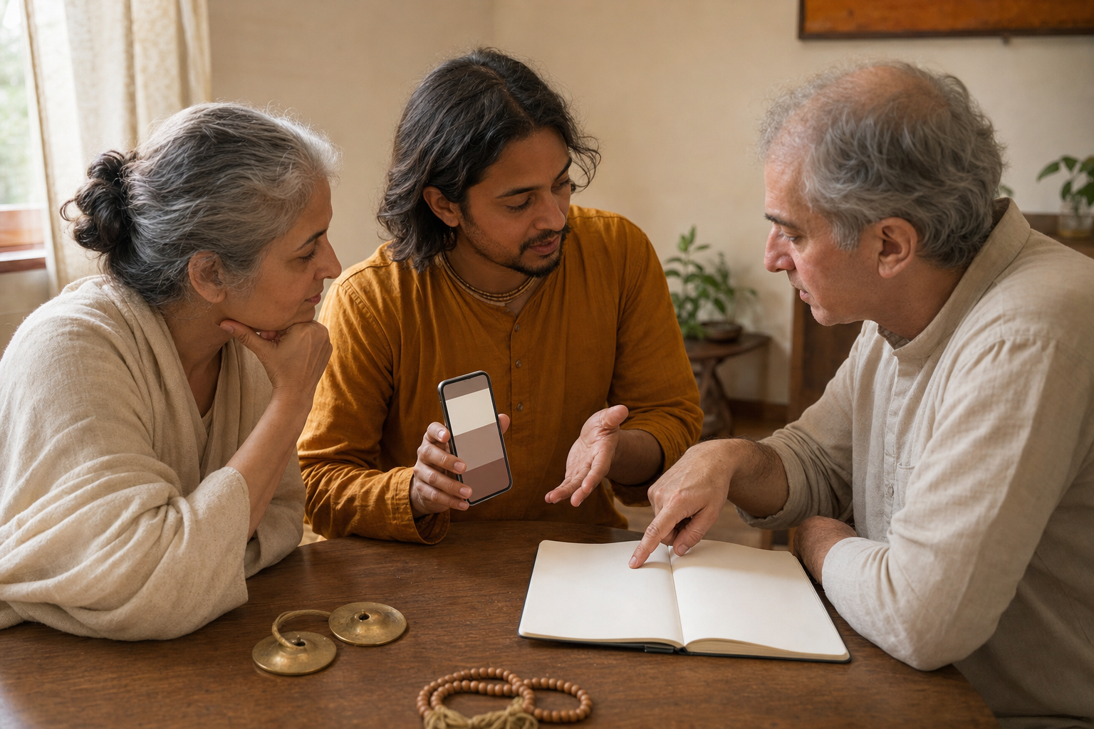 Three adults review an unreadable phone screen and a blank notebook together, with prayer beads and hand cymbals on the table.