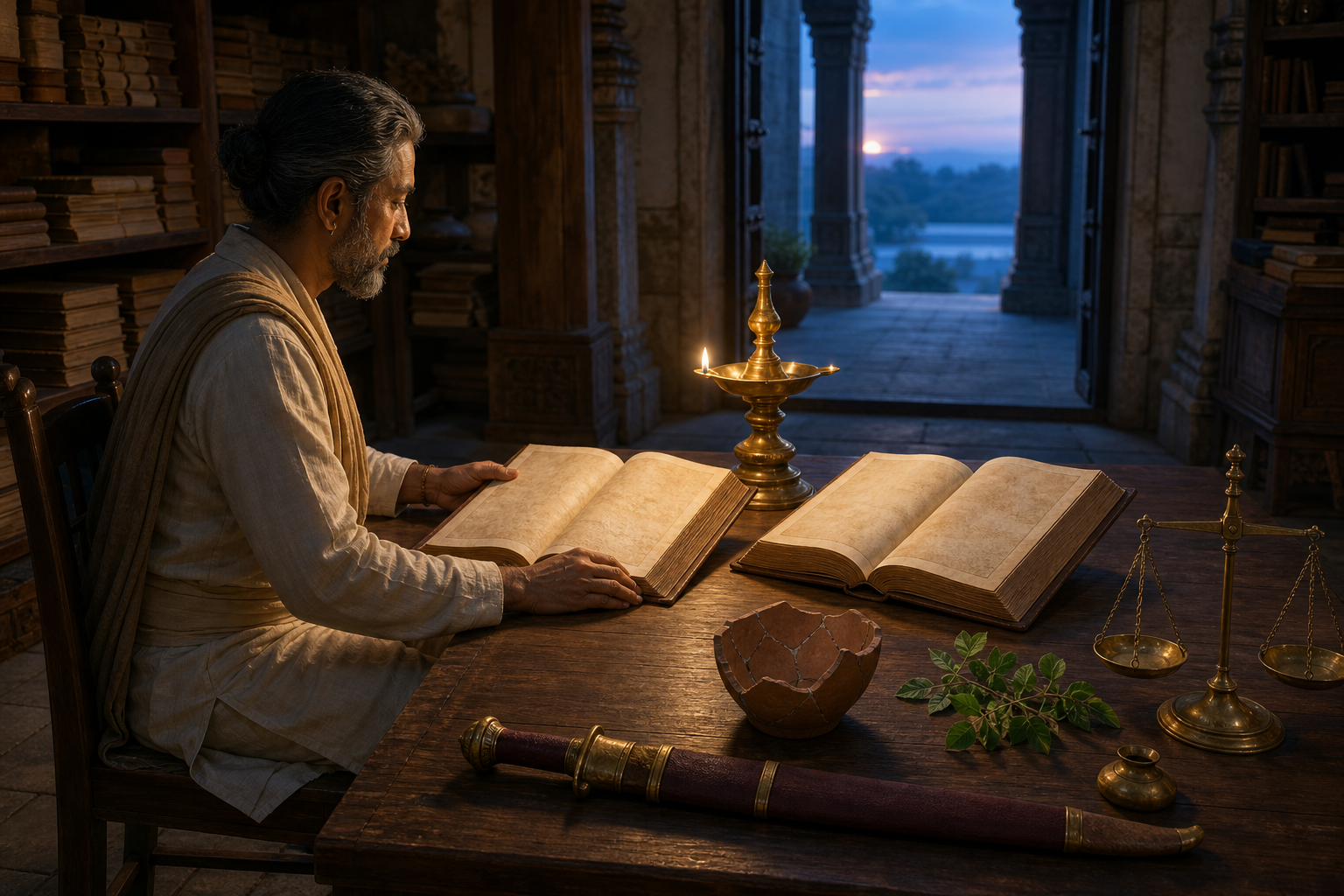 A scholar studies two archival books by an oil lamp beside a sheathed sword, a repaired clay vessel, a balanced scale, and a basil sprig.