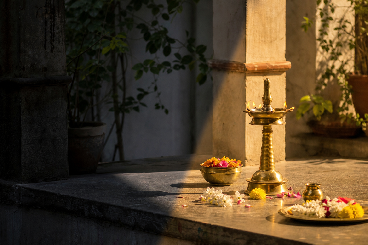 A quiet courtyard altar sits across a diagonal boundary of cool shade and warm afternoon sunlight.