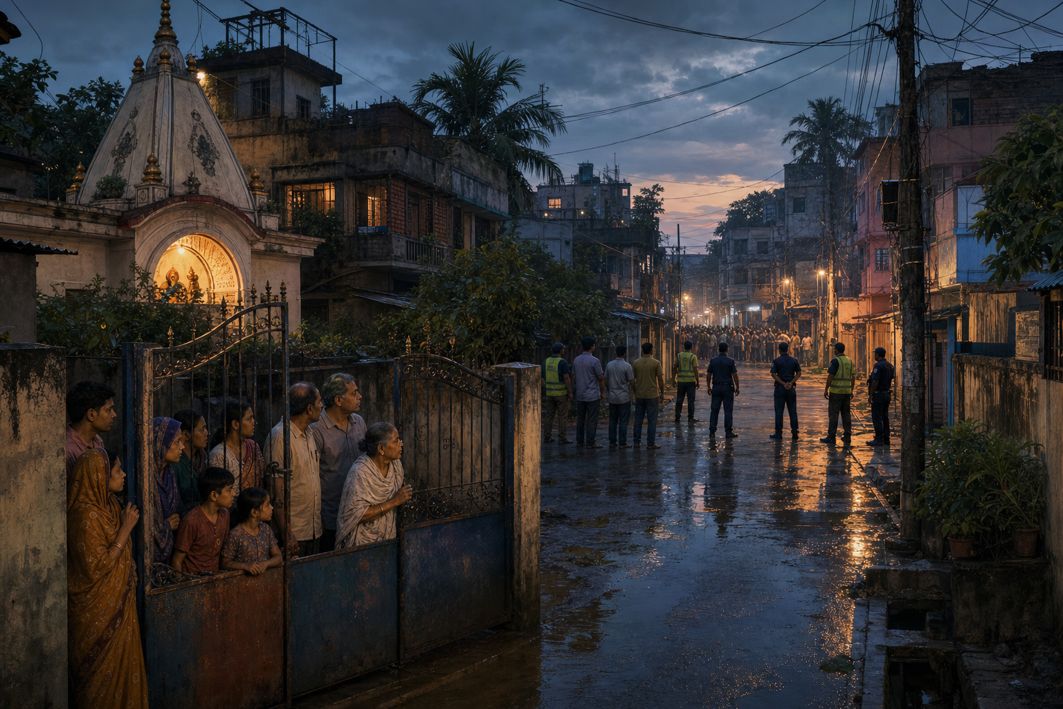 Hindu residents shelter near a small temple and homes while volunteers and police stand between them and a distant crowd in a Bangladeshi town at dusk.