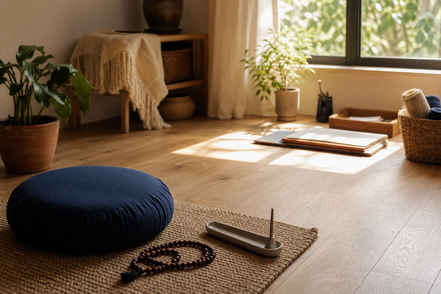 A meditation cushion and prayer beads in soft shade lead toward an orderly workspace in warm afternoon light.