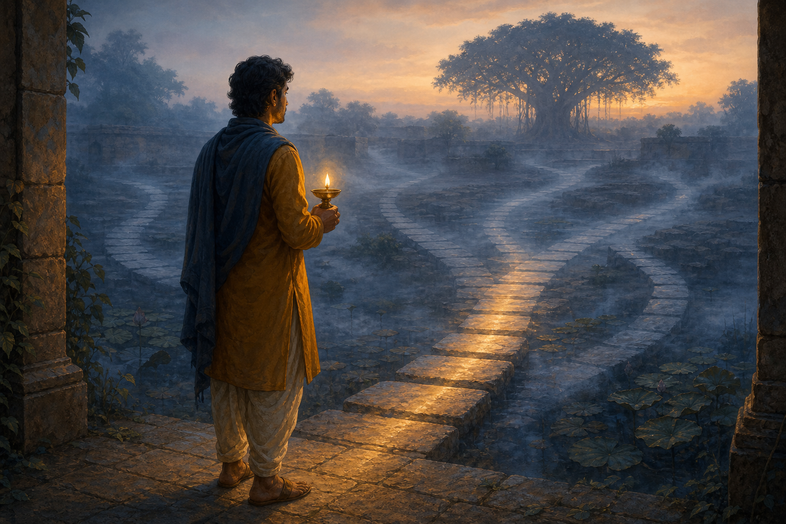 A person holding a brass oil lamp faces several misty paths, with the lamp illuminating one clear route across a stone courtyard.