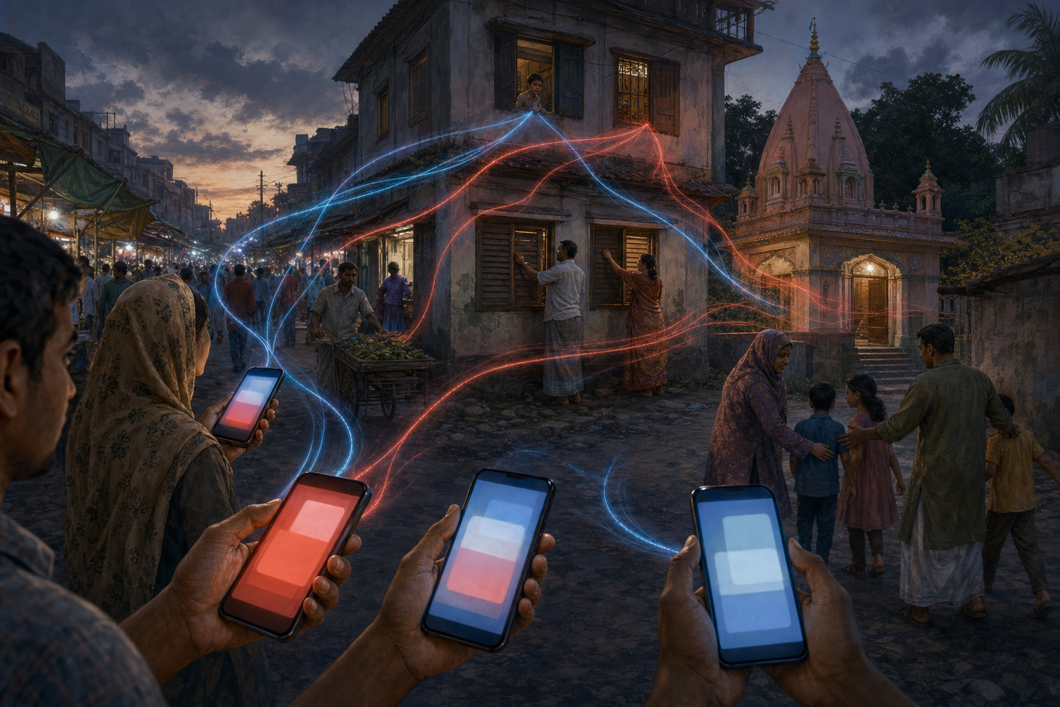 Abstract notification lights spread from smartphones through a market lane as a Hindu family closes its shutters near a small temple.