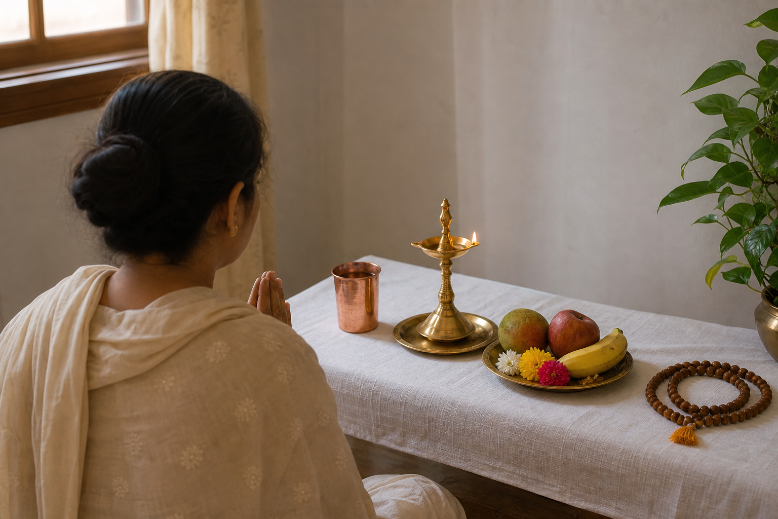 A devotee sits before a modest home altar with one oil lamp, water, fruit, flowers, and prayer beads.
