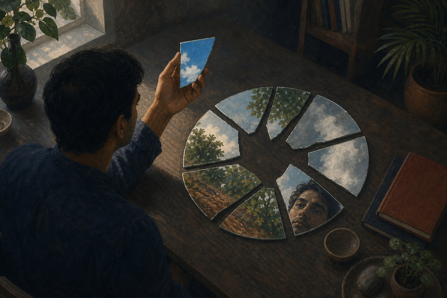 A person holds one shard of a broken circular mirror reflecting blue sky while the other pieces reflect clouds, plants, earth, and a face.