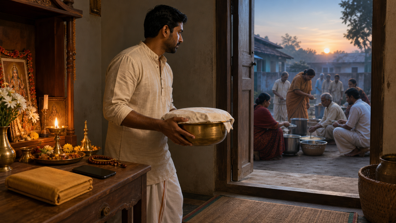 A devotee lifts a pot of food beside a home altar while neighbors prepare a community meal outside at dawn.