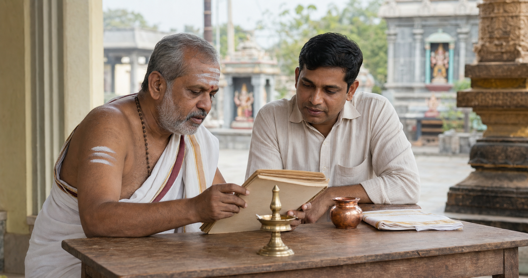 A priest and householder consult an open almanac together at a table beside a temple courtyard.