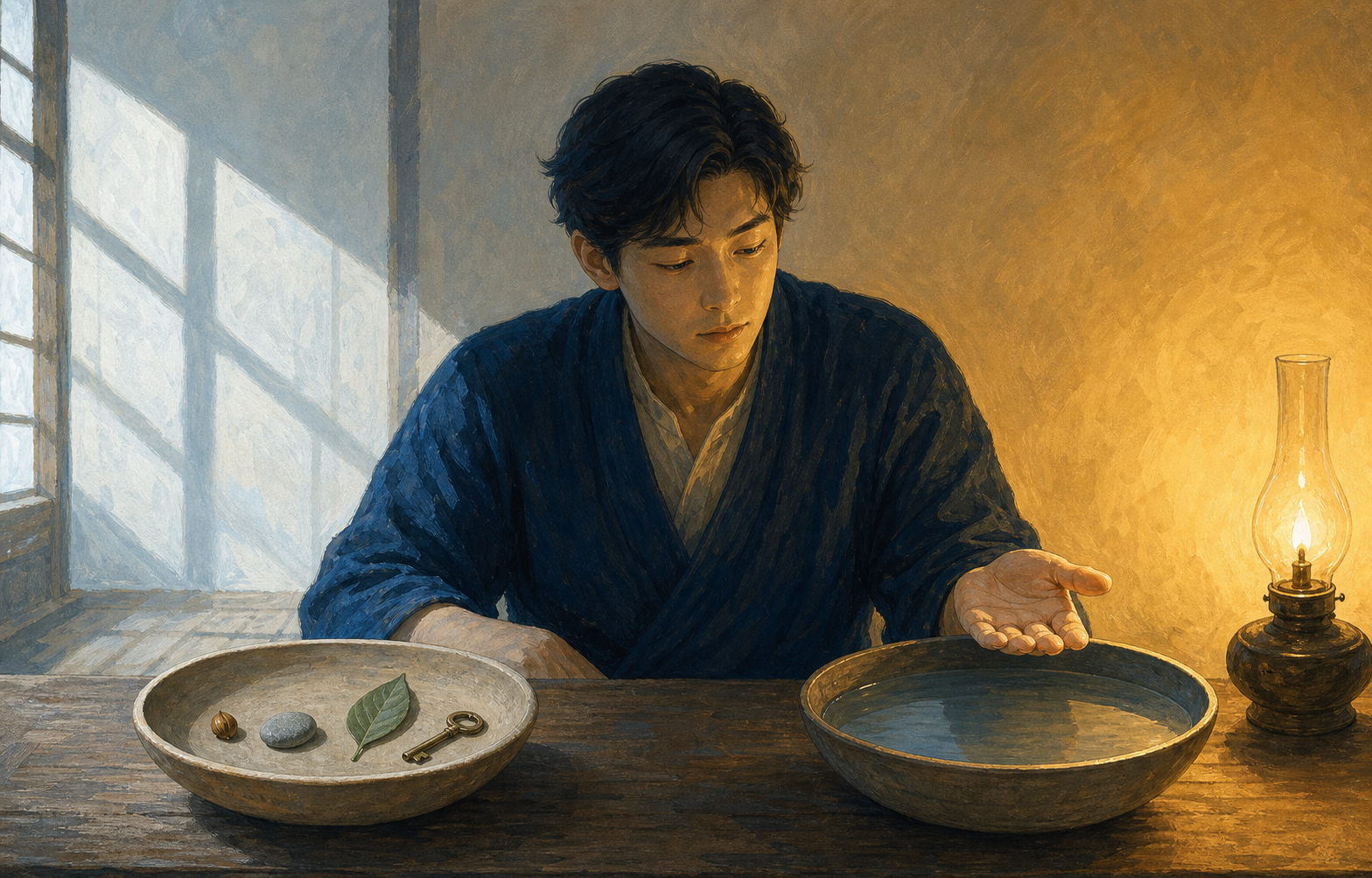 A seated person considers small physical objects in cool daylight on one side and a lamp-lit bowl of still water on the other.