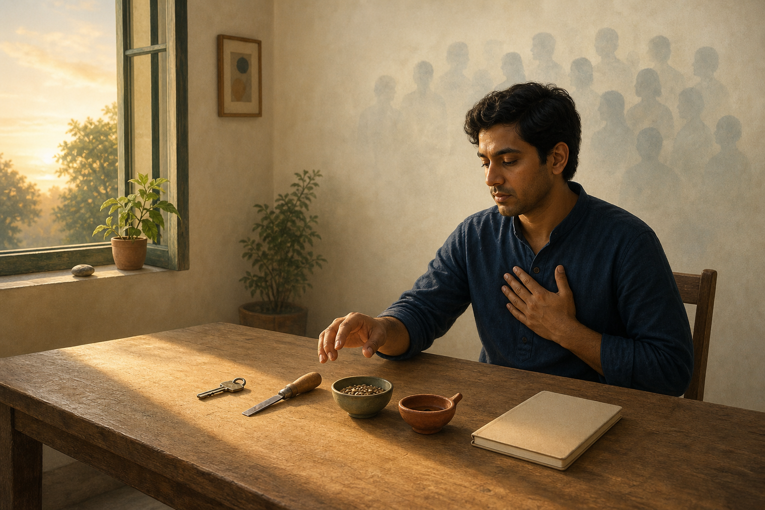 A person reflects at a wooden table with a key, tool, seeds, and clay lamp as faint audience silhouettes dissolve behind them.